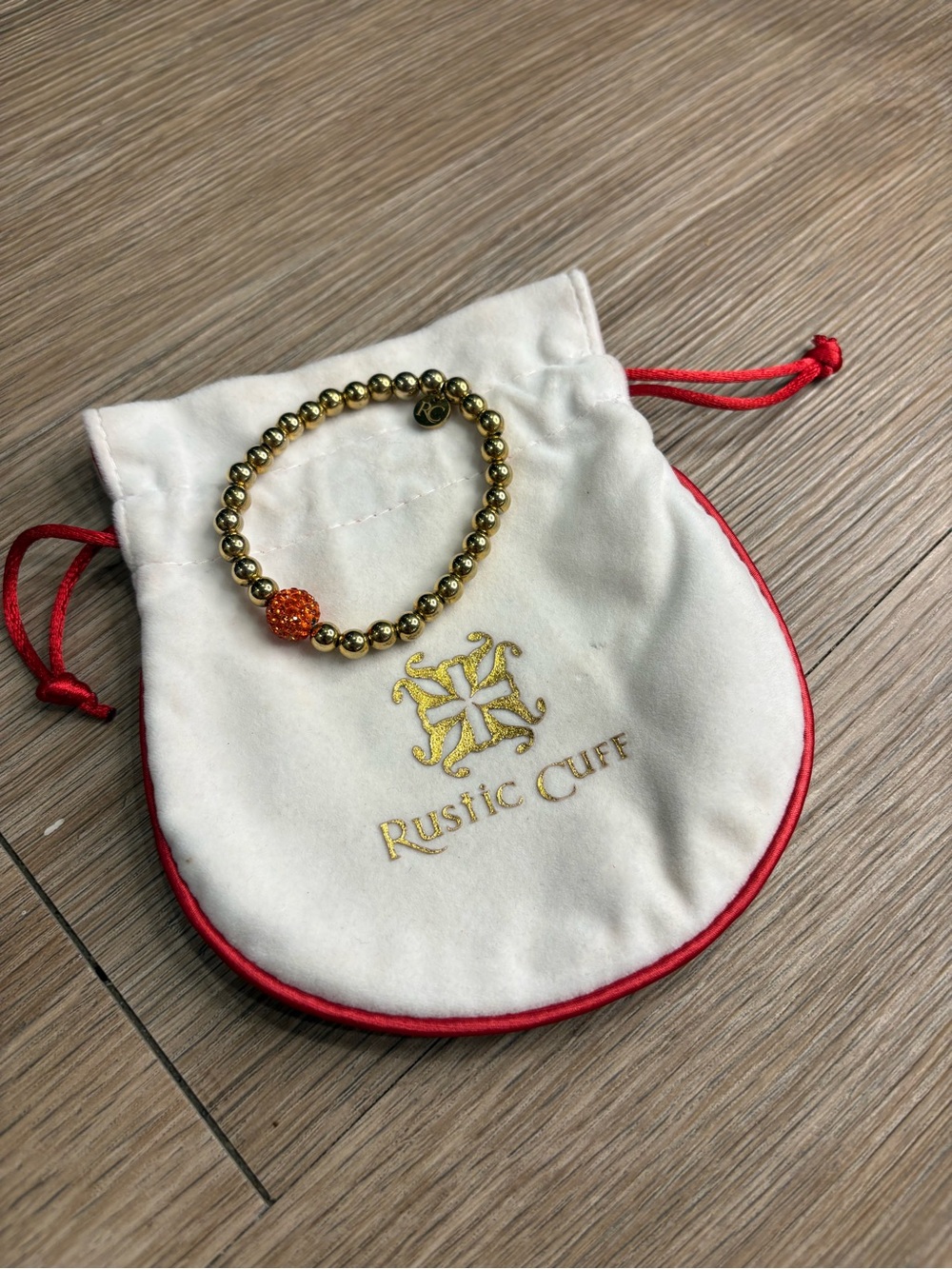 Authentic Rustic Cuff Ireland Gold Beaded Elastic Bracelet with Pouch